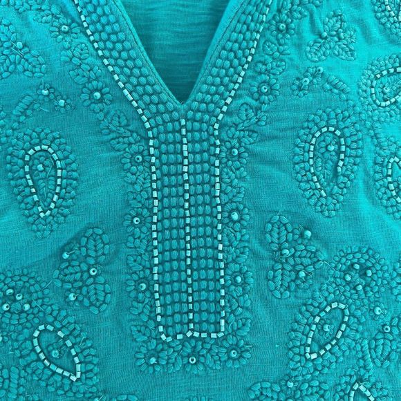 Style & Co Turquioise Dress Heavy Embellishment on Bodice 100% Cotton Medium - Picture 6 of 8